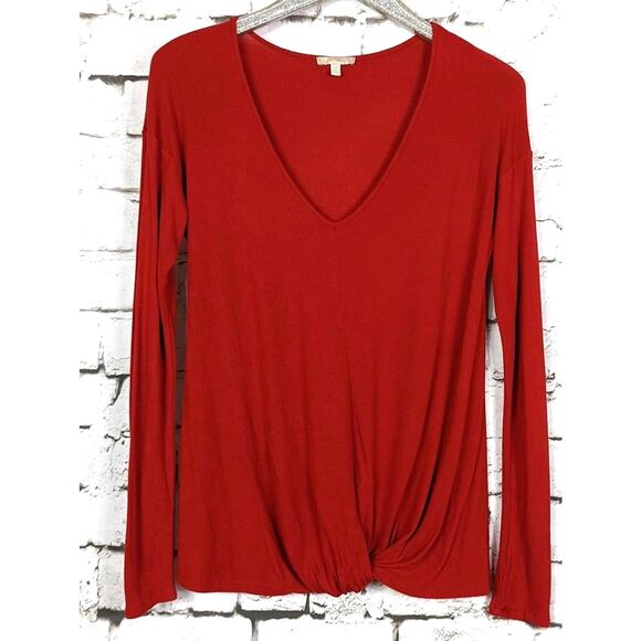 BORDEAUX Knot-Front Ribbed Knit V-Neck Tee Soft Stretchy Versatile Casual Small - Picture 1 of 7